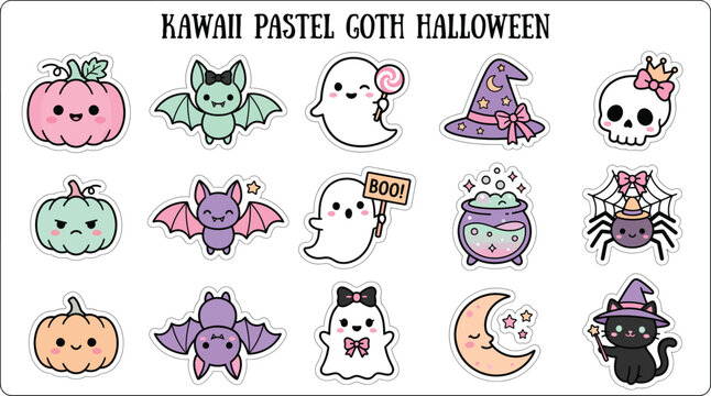 Kawaii Pastel Goth Halloween Sticker Sheet Vector Elements Set