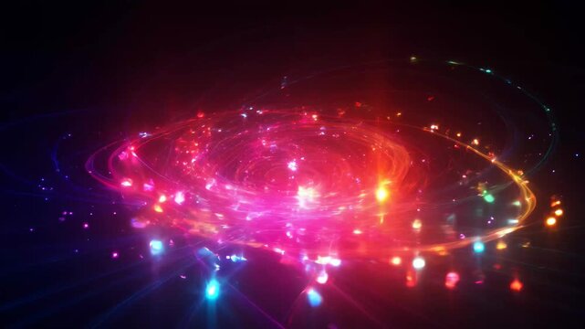 Abstract glowing particles forming a spiral with cinematic motion during night
