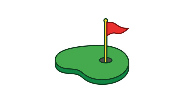 Isometric golf green vector illustration featuring a red flag stick in the hole