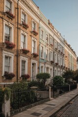 Fototapeta premium Colorful Houses on a Rainy Street With Flower Boxes in London During Autumn