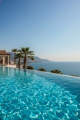 Fototapeta premium Luxurious Pool With Palm Trees and Ocean View on a Clear Day