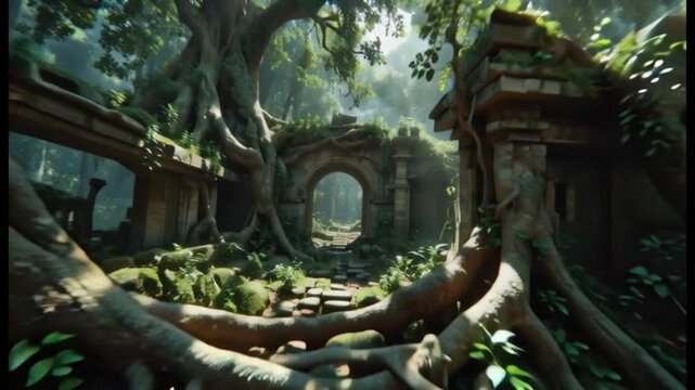 Ancient Jungle Ruins Gateway, Overgrown Temple Pathway, Mystical Forest Exploration
