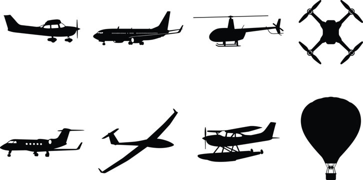 Set of aircraft and aviation silhouettes featuring airplanes, helicopters, drones, and other flying vehicles