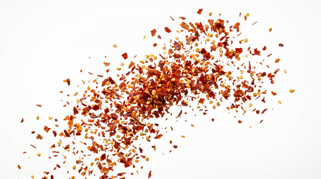 Flying splash wave of crushed red chili flakes and seeds isolated on white background