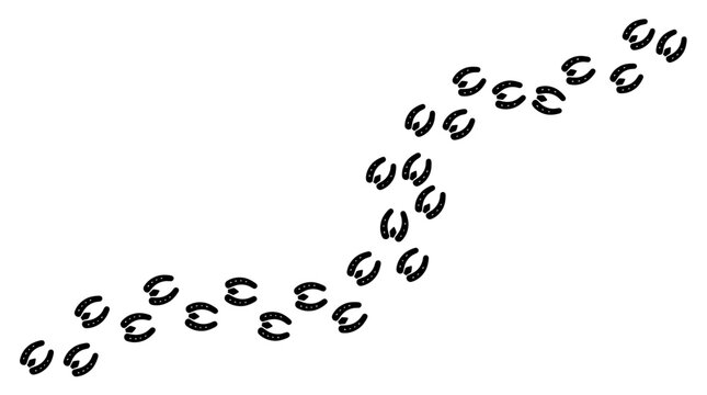  Winding trail of cloven animal footprints. Graphic deer or cow hoof tracks path. Black vector silhouette isolated on white background
