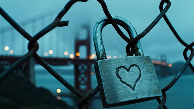 Love padlock on a chain link fence with bridge in the background at blue hour. Romantic symbol of commitment, travel landmark, urban scenery, and enduring love concept.