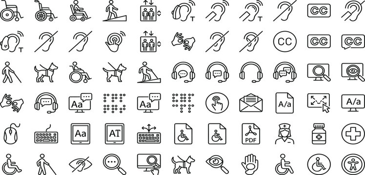 Accessibility and Inclusive Design Icon Set Featuring Disability Support Hearing Assistance Closed Captions and Universal Access Symbols