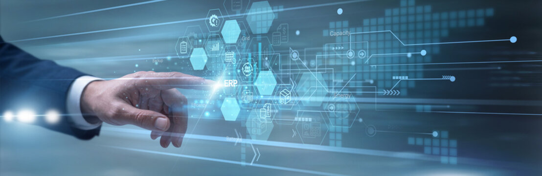 Operations manager efficiently touching dashboard interface integrating ERP software across the enterprise network operations. Executive aligning supply chain logistics and core business data.