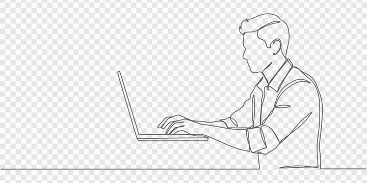 man sitting at a desk and using a laptop continuous one line drawing, Young male designer student manager works at the laptop. One continuous drawing line, logo single hand drawn art doodle isolated 