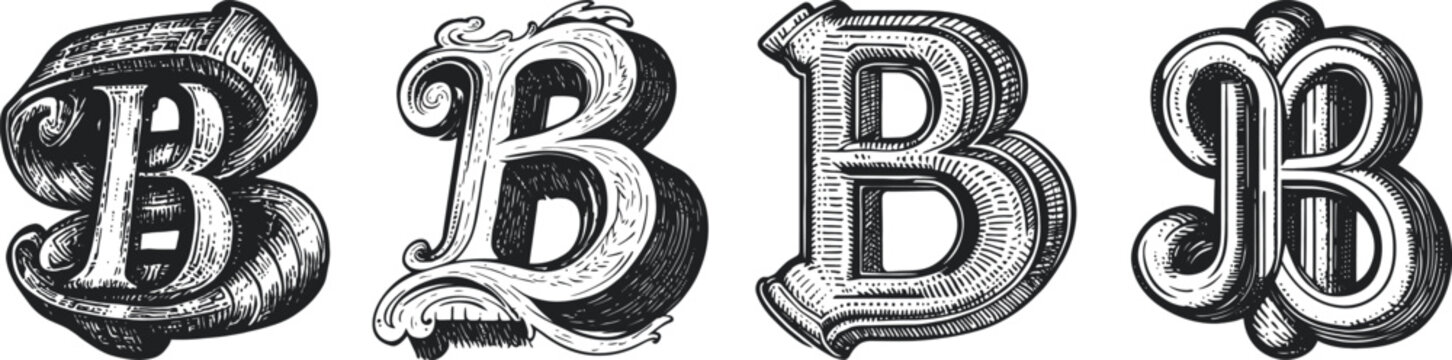 letter B designs in vintage style. Each letter showcases unique artistic styles,