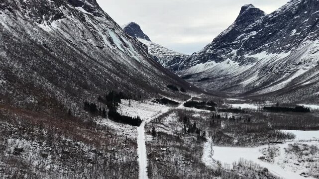 Majestic snowy mountain peaks of Trollstigen in winter, Norway