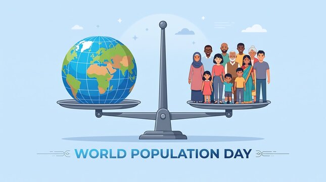 World Population Day balance scale illustration with people and planet, population