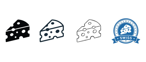 Fototapeta premium Swiss cheese icons set with different styles and a label cheese wedges in various designs and a swiss cheese logo with a blue banner