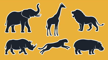 Collection of African safari animal silhouettes featuring elephant giraffe lion rhino cheetah and hippo ideal for wildlife themes and educational design © Munaza