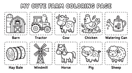 Farm Animals and Objects Icons Set coloring page © SD PLANETS