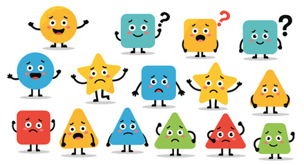 Obraz premium Set of colorful geometric shapes with cute faces showing different emotions like happiness, sadness, and confusion with question marks.