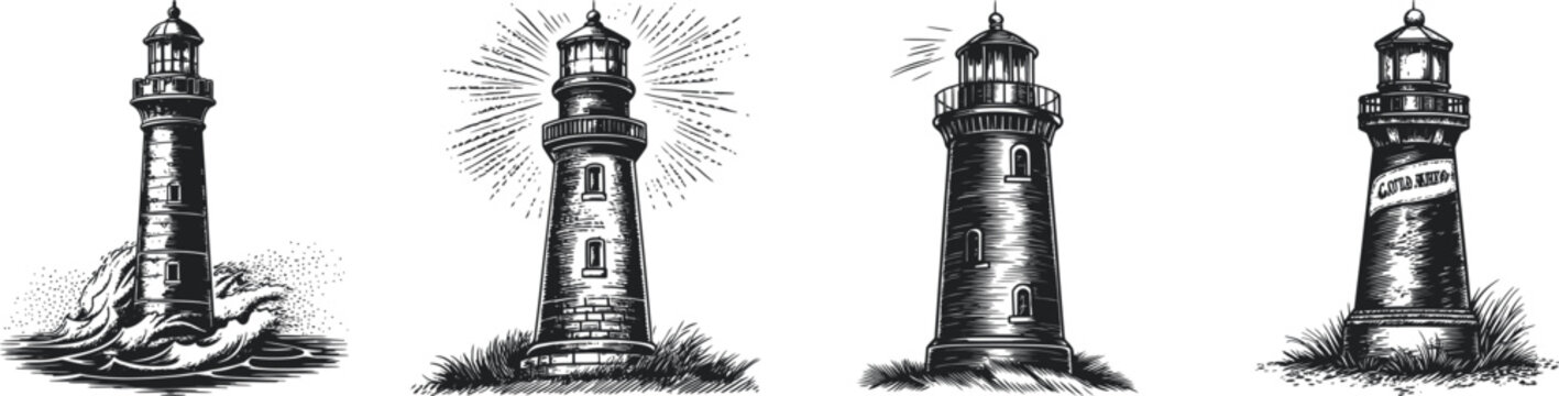 A detailed series of four black and white lighthouse illustrations showcasing different styles and levels of detail, combining artistic design with nautical themes.