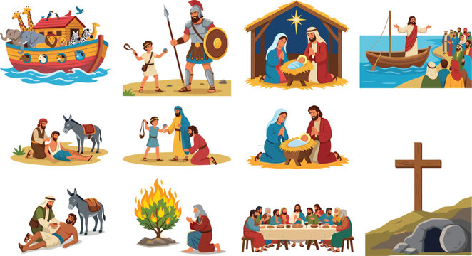 Christian bible stories vector illustration set featuring noahs ark nativity scene last supper david and goliath and resurrection