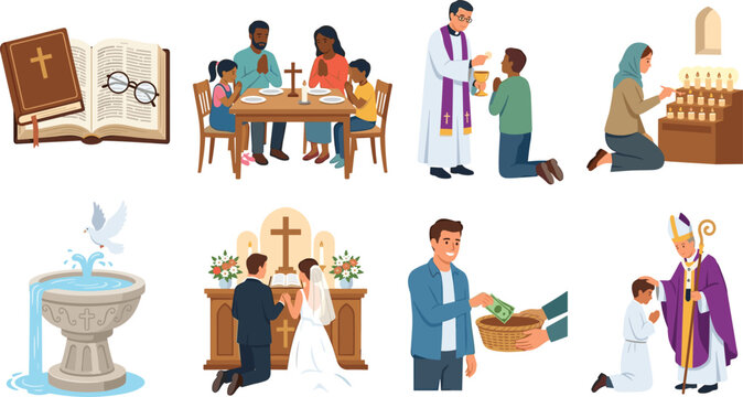 Christian religious traditions and church rituals vector illustration set featuring prayer baptism wedding communion donation and bible reading