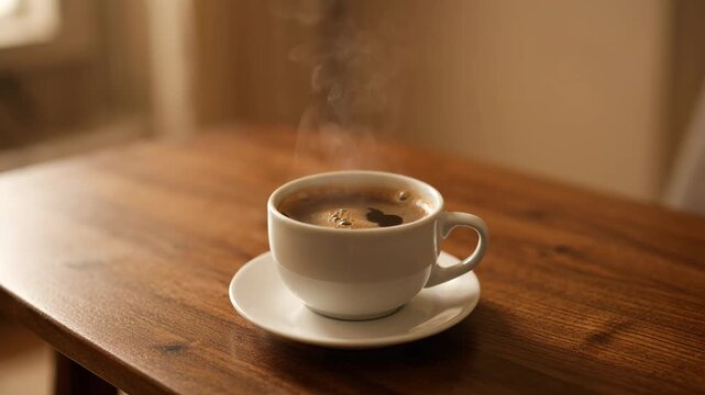Steaming coffee cup on wooden table with soft window light for morning beverage concept