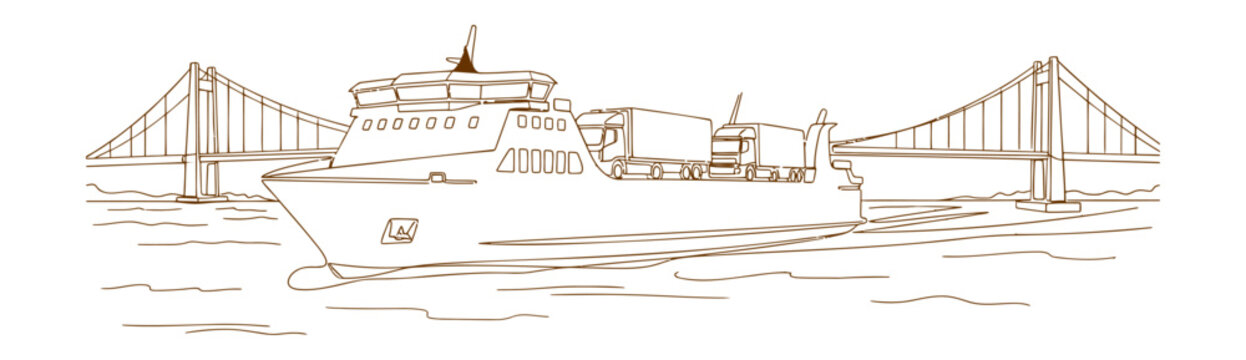 Intermodal maritime transport system showing vehicle ferry crossing with suspension bridge infrastructure for supply chain connectivity and commercial freight movement across water bodies in a