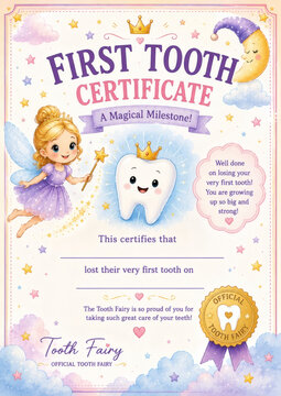 Adorable first tooth certificate for kids featuring a cute tooth fairy, smiling tooth, moon, and stars in pastel colors. Perfect for celebrating a child's dental milestone.