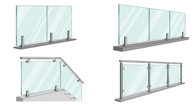 Various designs of modern glass railings and balustrades with stainless steel fixtures for balconies, stairs, and terraces.