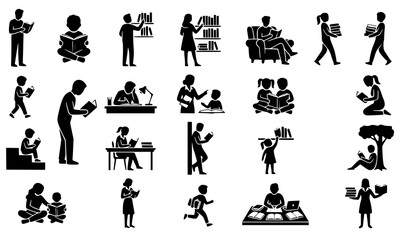 Obraz premium Black silhouette people with books vector collection featuring reading studying learning and education poses isolated on white background