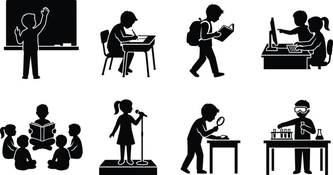 Collection of black school student silhouettes depicting classroom learning reading writing computer coding science lab and educational activities