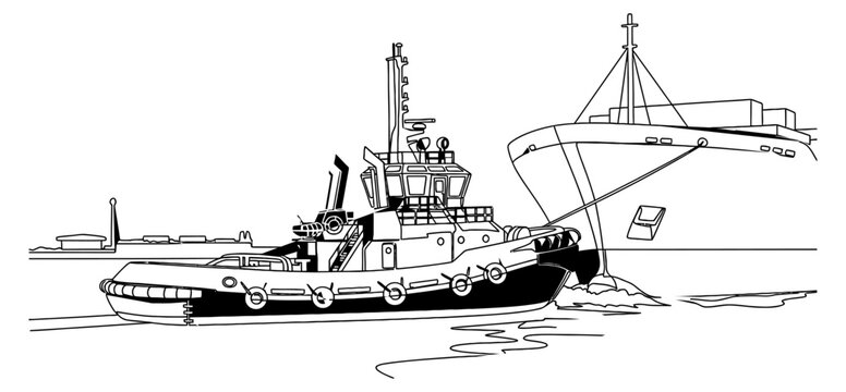Maritime Port Operations Tugboat Maneuvering Large Cargo Vessel in Harbor for Global Shipping Logistics and Nautical Trade Distribution Systems