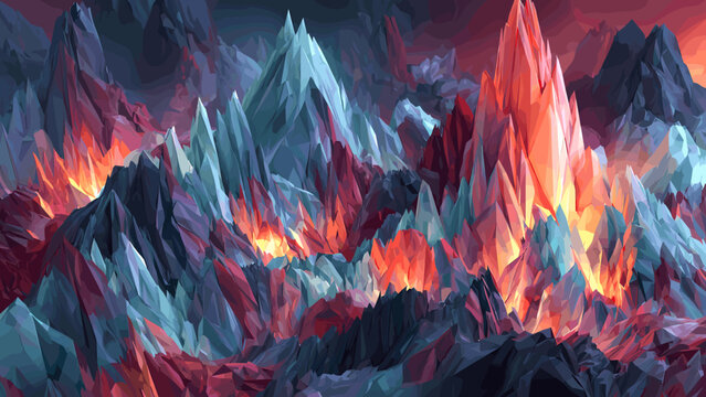 Dramatic otherworldly landscape with sharp, glowing crystal formations in contrasting cool blue and fiery red hues.