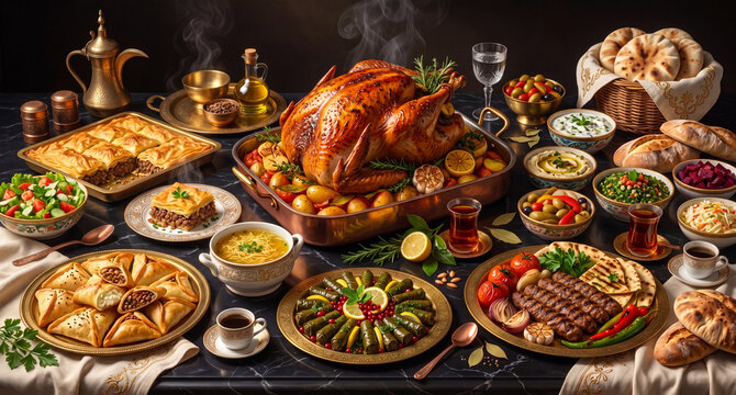 Luxurious Arabic banquet still life art with roasted turkey and stuffed grape leaves