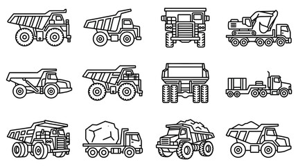 Dynamic Black and White Line Art Collection of Diverse Heavy Construction Equipment and Vehicles © manggleng