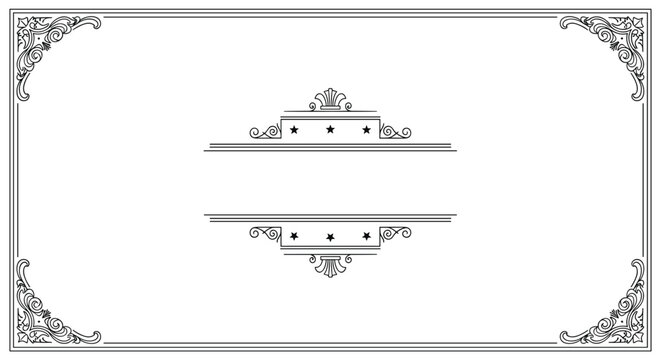 Formal black and white vintage frame design with intricate corner ornaments and a central decorative title block with star accents.