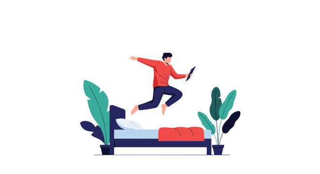Enthusiastic person jumps onto a bed while holding a book or tablet, surrounded by green potted plants in a minimal bedroom.