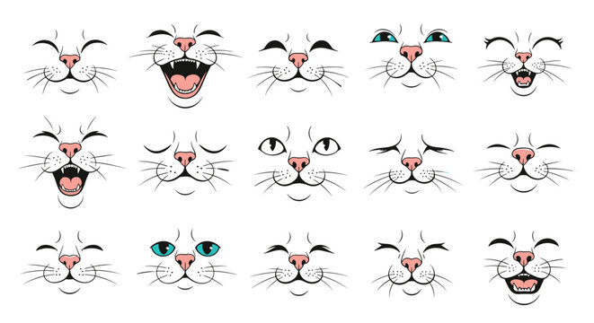 Multiple cute cat faces with various facial expressions and moods ranging from happy and laughing to sleepy and calm.