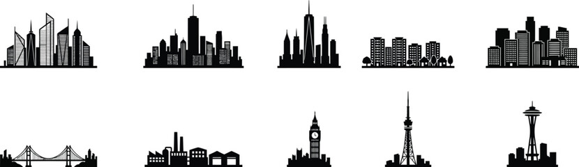 Fototapeta premium City Skyline Silhouette Vector Bundle Featuring Urban Buildings Landmarks Bridges and Towers for Travel Branding Architecture and Commercial Design Projects
