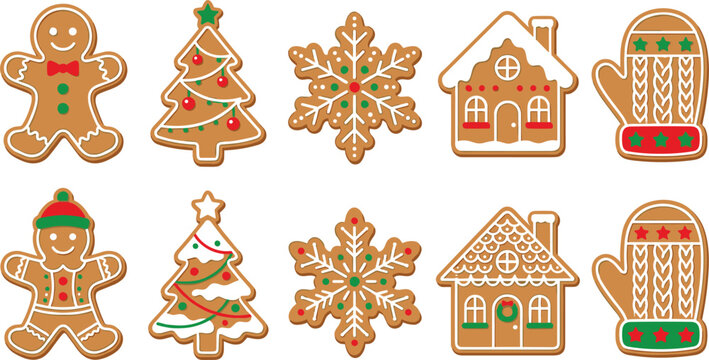 Christmas Gingerbread Cookies Vector Icon Set with Man Tree Snowflake House and Mitten Festive Holiday Dessert Graphics