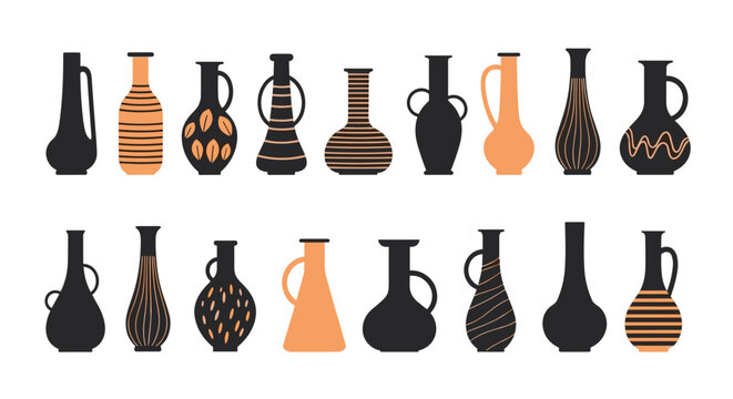 Diverse collection of ancient pottery and vases with various shapes and traditional patterns for historical museum themes.