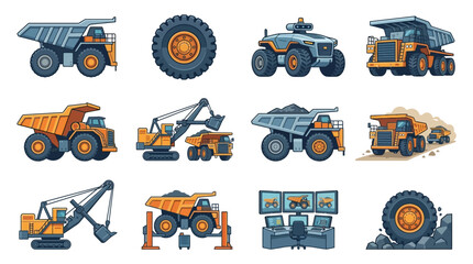 Dynamic of Heavy Mining Equipment and Operations in Vibrant Orange and Blue with high quality professional line art symbols for modern creative design and digital branding projects © manggleng