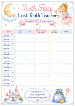 Cute tooth fairy lost tooth tracker chart for kids. Magical, pastel design with fairy, moon, stars, and castle. Perfect for children's dental milestones and memories.
