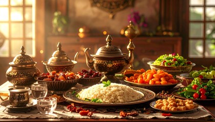Fototapeta premium Traditional Feast with Rice, Meats, and Vegetables