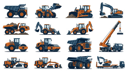 Modern Collection of Heavy Construction Equipment Illustrated in Vibrant Orange and Dark Blue Colors © manggleng
