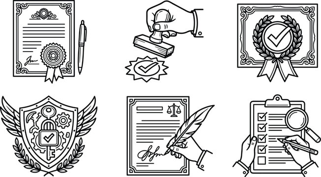Legal contract signing and official notary service vector line icons set featuring certificate verification rubber stamp and laurel shield compliance