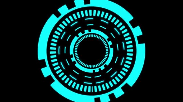Futuristic  circular HUD interface with rotating digital rings on black background 4k.