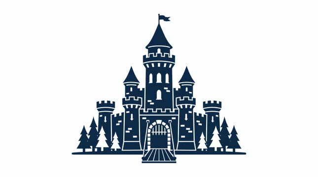 Fairytale Castle Silhouette with Pine Trees and Flag