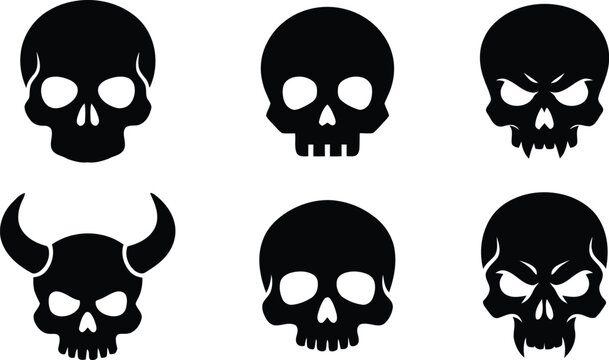 Set of Halloween Skull Silhouette Icons Evil Skeleton Faces Devil Horn Horror Mask Vector Illustration Isolated Graphic Design Bundle Collection Pack