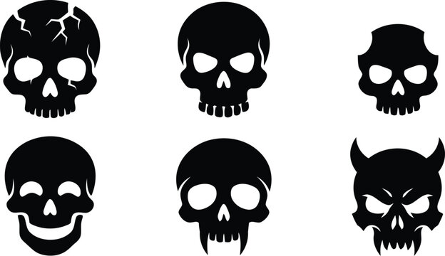 Set of Halloween Skull Silhouette Icons Featuring Cracked Evil Devil Horn Skeleton Faces Horror Vector Illustration Bundle Collection Pack Design Elements