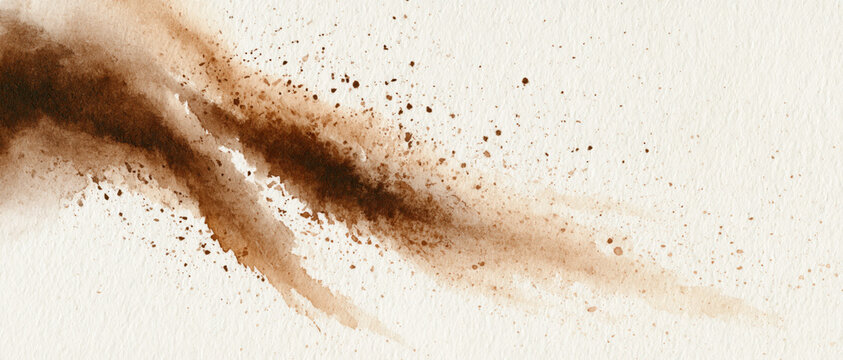 abstract brown watercolor brush stroke flows dynamically across textured ivory paper with splatters creating earthy minimalist art