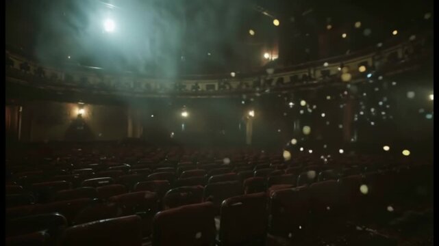 Magical Dust Particles Floating in Empty Vintage Theatre Seats, Atmospheric Light Rays